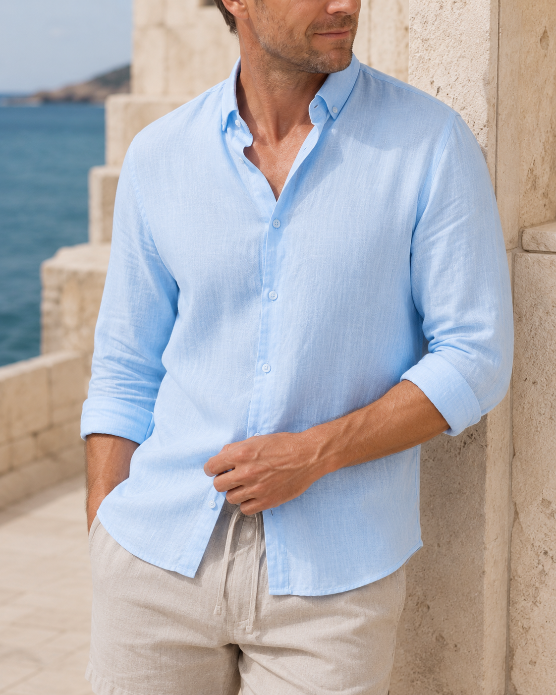 Classic Long Sleeve Linen Shirt — Ice Blue
