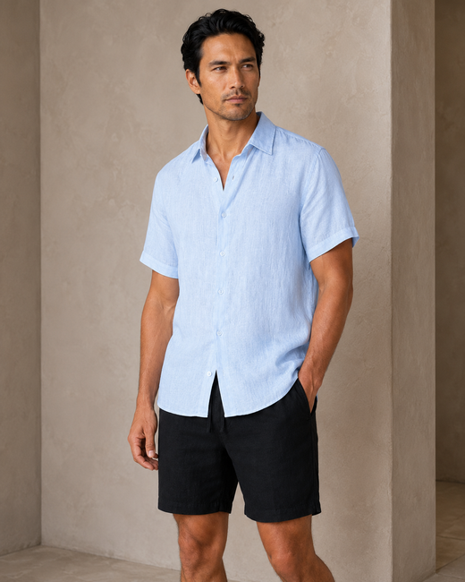 Classic Short Sleeve Linen Shirt — Ice Blue
