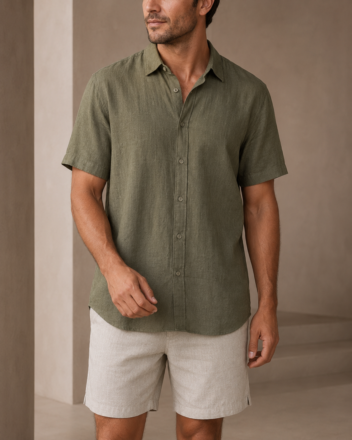 Classic Short Sleeve Linen Shirt — Olive
