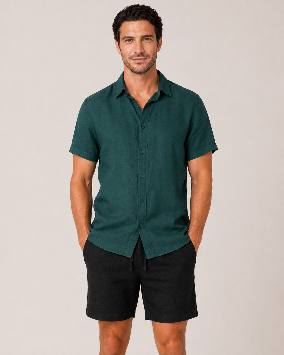 Classic Short Sleeve Linen Shirt — Forest Green