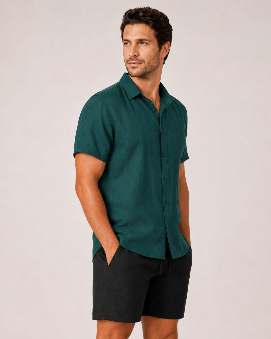 Classic Short Sleeve Linen Shirt — Forest Green