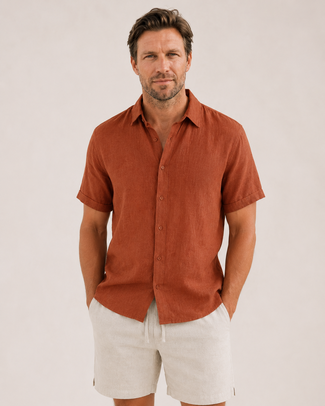 Classic Short Sleeve Linen Shirt — Terracotta
