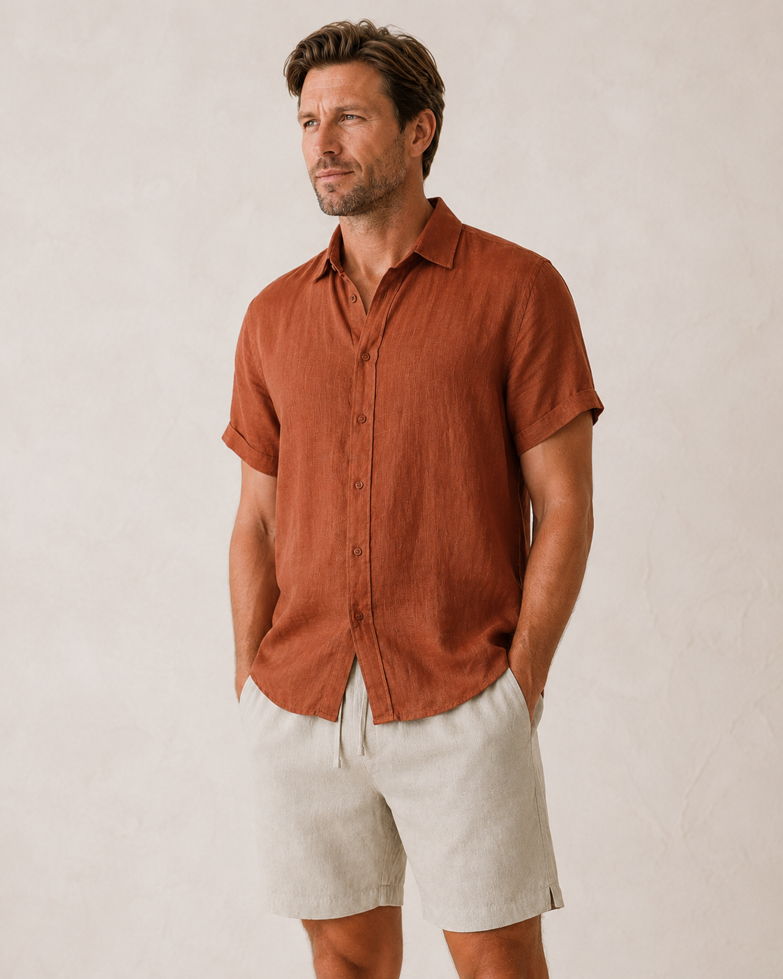 Classic Short Sleeve Linen Shirt — Terracotta